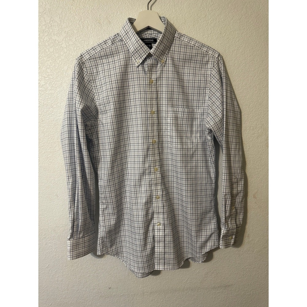 Lands' End 15-32 Slim Fit No Iron Supima Pinpoint Plaid Dress Shirt